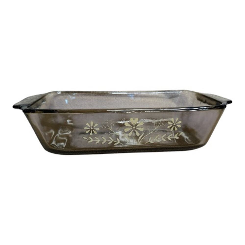 Vntg Amber Glass Yellow Daisies 9x5 Glasbake Jeannette Casserole Baking Dish